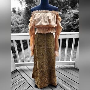 Vintage Genuine Leather Patchwork Olive Green Long Maxi Skirt NWT